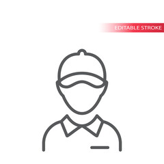 Wall Mural - Employee with collar and hat thin line vector icon. Delivery boy or worker with visor cap outline symbol, editable stroke.