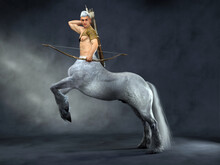 3D Rendering : A Portrait Of The Male Centaur, A Pinup Centaur Posing With A Bow In His Hand As The Centaur Archer 
