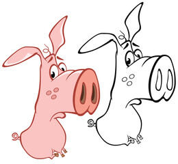 Wall Mural - Vector Illustration of a Cute Cartoon Character Pig for you Design and Computer Game. Coloring Book Outline Set 
