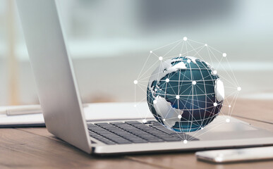 Poster - Collage with laptop computer and planet surrounded by global network