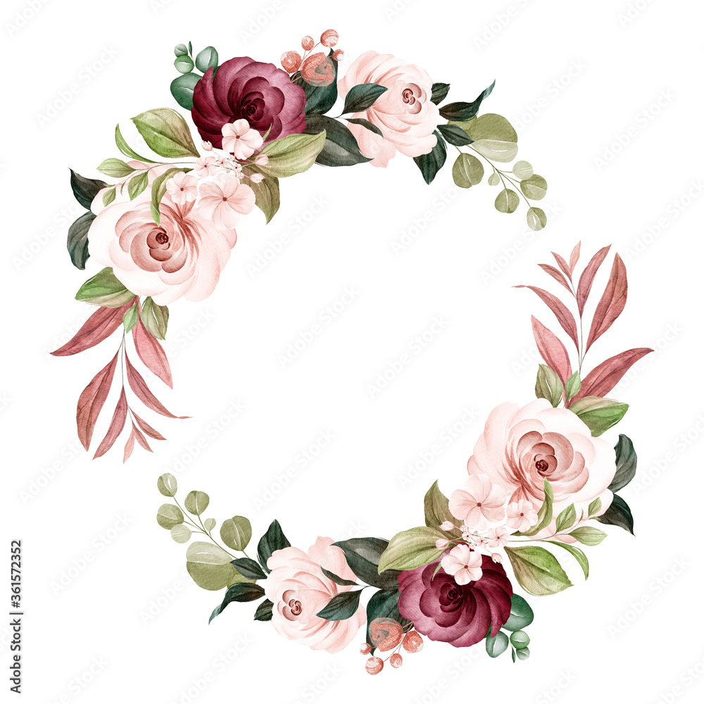 Wreath of brown and burgundy watercolor roses and wild flowers with various leaves. Botanic illustration for card composition design - obrazy, fototapety, plakaty 
