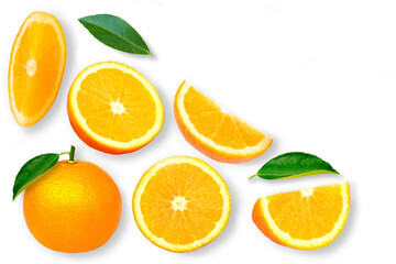 Wall Mural - Closeup whole and half slice of ripe fresh organic orange fruit with green leaf isolated on white background. Top view. Flat lay.