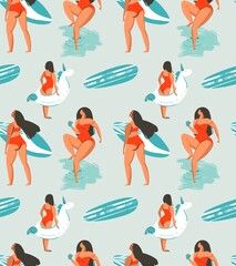 Wall Mural - Hand drawn vector abstract fun summer time fun illustration seamless pattern with group girls,surfboards and unicorn buoy circles on water textured background