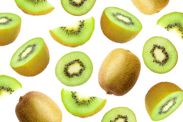 Wall Mural - Fresh organic ripe whole kiwi fruits and slices isolated on white background. Top view. Flat lay.