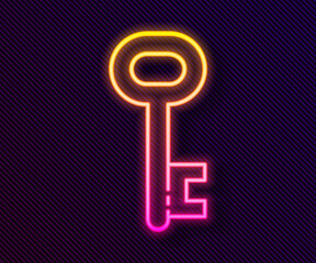 Poster - Glowing neon line House key icon isolated on black background. Vector Illustration.