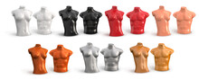 Mannequin Of Female And Male Torso Plastic Color. Human Naked Body, Chest, Bust. Vector 3d Illustration Isolated On White Background. Part Of The Body.