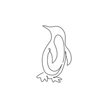 One Single Line Drawing Of Fun Cute Penguin For Company Business Logo Identity. North Pole Bird Mascot Concept For National Zoo Park. Dynamic Continuous Line Graphic Vector Draw Design Illustration
