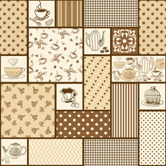 Wall Mural - Seamless patchwork tile with hand drawn design elements: coffee beans, tea and coffee cups, dishes in brown and beige colors. Vector Illustration of a kitchen pattern.