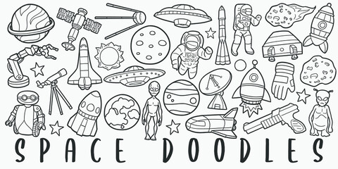 Wall Mural - Space Doodle Line Art Illustration. Hand Drawn Vector Clip Art. Banner Set Logos.