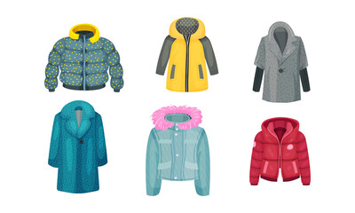 autumnal and winter outerwear with long sleeved clothing items vector set