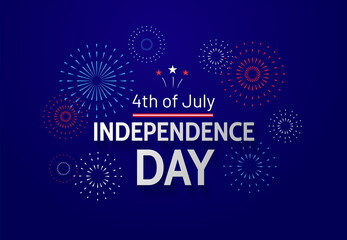 fourth of july celebration in usa. independence day greeting banner with text and fireworks on blue 