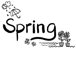 Wall Mural - black and white raw hand writing spring season calligraphic with childish illustration decoration vector design