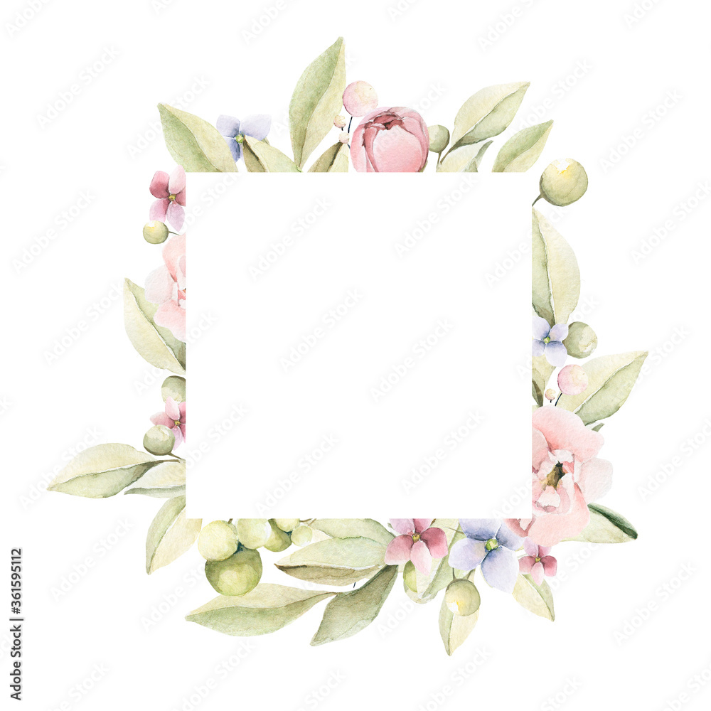Watercolor frame with hand painted pink flowers of peony and leaves in ...