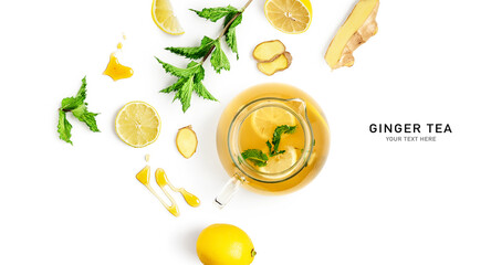 Wall Mural - Ginger tea with mint, lemon and honey composition