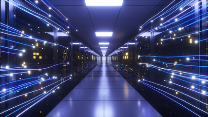 digital information flows through the network and data servers behind glass panels in the server roo