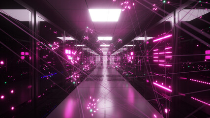 Wall Mural - Digital information travels through fiber optic cables through the network and data servers behind glass panels in the server room of the data center. High speed digital lines. 3d illustration