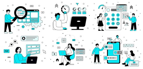 Poster - set of computer programming scenes in blue and black showing software technicians performing various