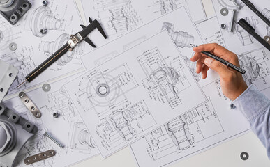 Fototapete - Engineer technician designing drawings mechanical parts engineering Engine.manufacturing factory Industry Industrial work project blueprints measuring bearings caliper tools