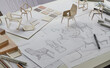 © Chaosamran_Studio - Designer sketching drawing design development product plan draft chair armchair Wingback Interior furniture prototype manufacturing production. designer studio concept .
