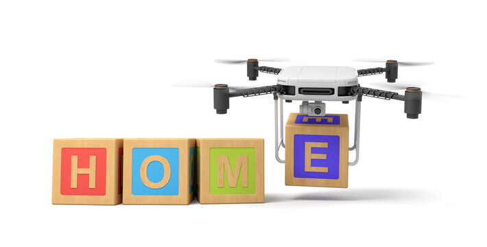 3d rendering of word 'HOME' written with ABC blocks, camera drone putting final 'E' at the end, on white background.