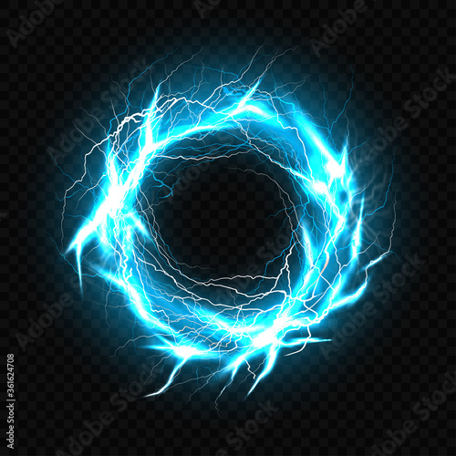 Cuadros en Lienzo Electric ball, lightning plasma sphere, circle strike impact place in turquoise color with lens flare effect isolated on black background