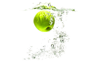 Canvas Print - one green apple falling into water on a white background with splashes, drops and bubbles.