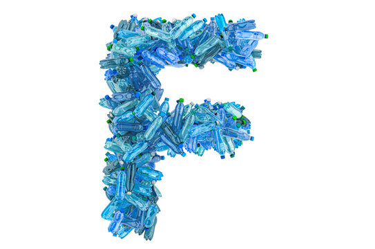 Letter F from plastic water bottles, 3D rendering