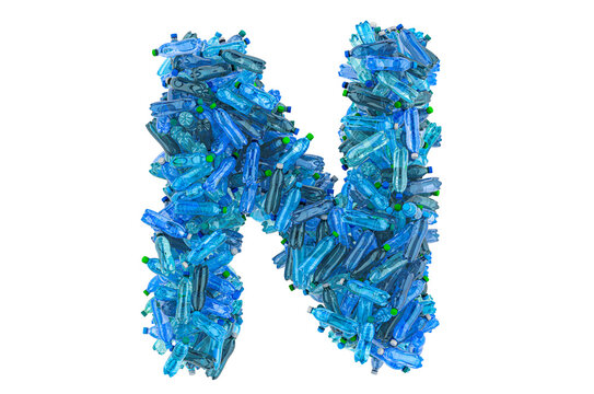 Letter N from plastic water bottles, 3D rendering