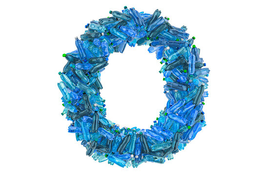 Letter O from plastic water bottles, 3D rendering
