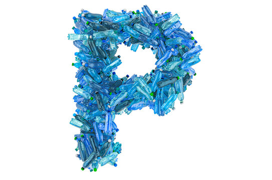 Letter P from plastic water bottles, 3D rendering