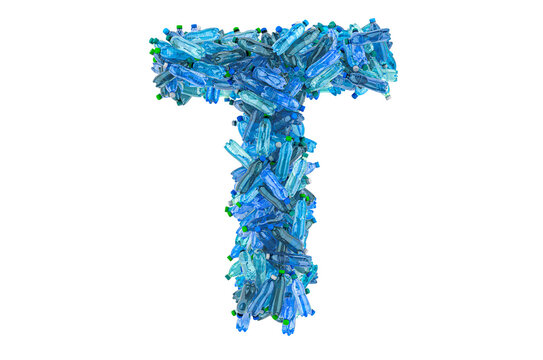 Letter T from plastic water bottles, 3D rendering
