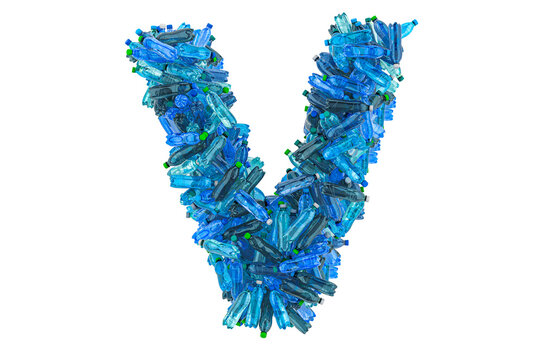 Letter V from plastic water bottles, 3D rendering