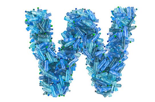 Letter W from plastic water bottles, 3D rendering