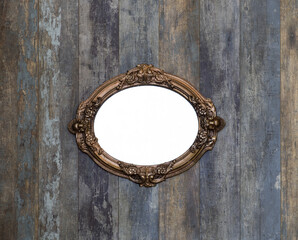 Poster - antique vintage golden mirror on old wooden wall