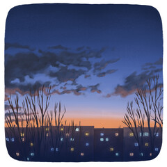 Hand drawn colorful landscape of evening city. Digital painting of beautiful sunset nature. Artistic background in oil painting style for card, print, poster, picture, panno, illustration, wallpapers.