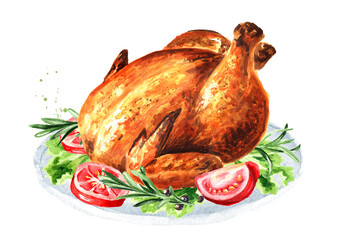 Traditional Christmas or thanksgiving roasted turkey, garnished with fresh tomatoes and herbs, Hand drawn watercolor illustration, isolated on white background