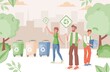 © Pavlo Plakhotia - People in urban park recycling waste vector flat illustration. Man and woman hold placards with recycle sign. Separate waste, protect nature, garbage collection, sorting, and recycling concept.