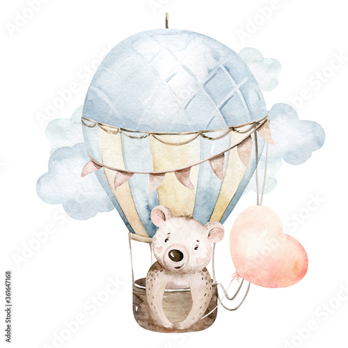 Fototapeta na szkło Cute cartoon baby bear animal hand drawn watercolor bunny illustration with air balloon. kids nursery wear fashion design, baby shower invitation card.