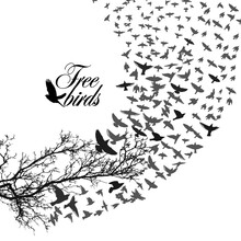 A Flock Of Flying Birds. A Flock Of Birds Flying Away From A Tree. Vector Illustration