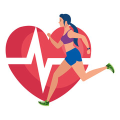 Wall Mural - woman running with heart pulse on background, female athlete with cardiology heart vector illustration design