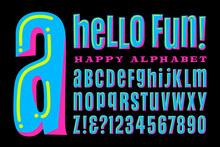 A Fun, Happy, And Whimsical Alphabet In Bright Colors; Hello Fun Is A Condensed Sans Serif Font With Mixed Capital And Lowercase Letterforms For A Crazy, Silly Vibe. Great For Parties Or Birthdays.