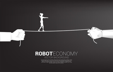 Poster - silhouette of businesswoman walk rope in robot and human hand. Concept of Business challenge and career path.