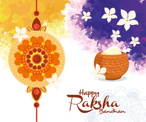 Poster - greeting card with decorative rakhi and holy powder for raksha bandhan, indian festival for brother and sister bonding celebration vector illustration design