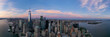 Panorama view of the Skyline of Lower Manhattan in sunset day, New York City, United States. Shot from Hudson River 
