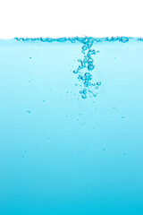 Wall Mural - Bubbles float from the middle of the water rising to the water surface. Blue background