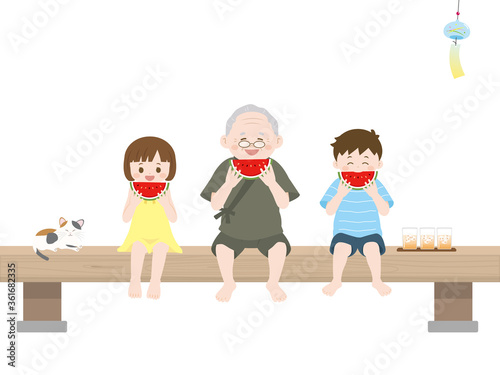 かわいい孫達と一緒にスイカを食べるイラスト Vector De Stock Adobe Stock