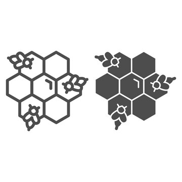 Honeycomb with bees line and solid icon, Honey concept, Honey bees in honeycomb sign on white background, bee in hexagons icon in outline style for mobile concept and web design. Vector graphics.