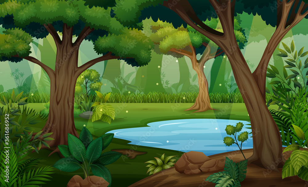 Forest scene with trees and pond illustration Stock Vector | Adobe Stock