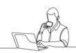 © ngupakarti - Continuous one line drawing man looking for ideas in notebook while holding a cup coffee in hands. Man work at computer. Business man looking at computer monitor during working day in office