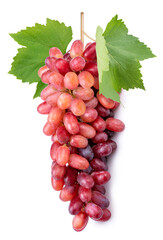 Red grape with leaves isolated on white, Bunch of fresh red juicy grapes isolated on white